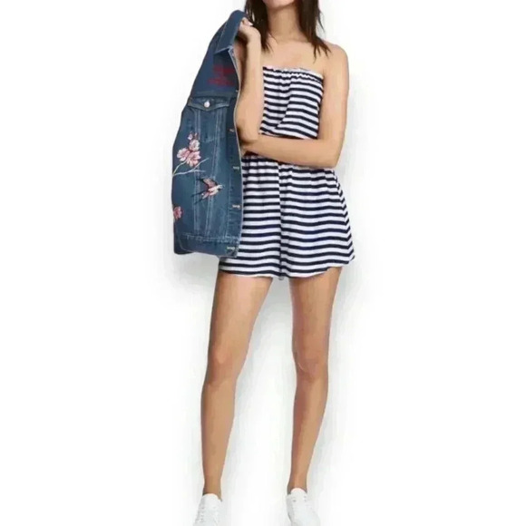 H&M Navy and White Striped Strapless Lightweight Playsuit Romper - Picture 1 of 13